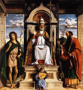 Święty Piotr na tronie w otoczeniu świętych