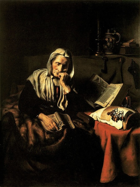 Nicolaes Maes (1634-1693), „Drzemiąca staruszka”, 1655
