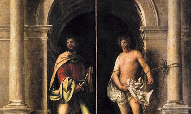 Sebastiano Luciani, zwany del Piombo „Św. Bartłomiej i św. Sebastian” olej na płótnie, ok. 1509 Galeria Akademii, Wenecja