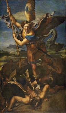 Rafael (Raffaello Santi, zwany też Sanzio) „Św. Michał Archanioł pokonuje szatana”  olej na płótnie przeniesiony z deski, 1518 Luwr, Paryż