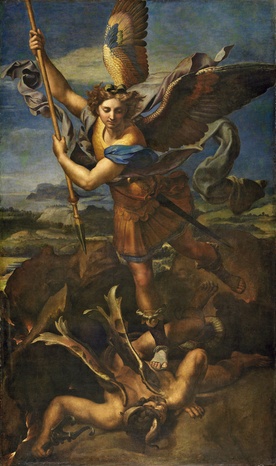 Rafael (Raffaello Santi, zwany też Sanzio) „Św. Michał Archanioł pokonuje szatana”  olej na płótnie przeniesiony z deski, 1518 Luwr, Paryż