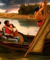 Król Artur i Morgan Le Fay płyną na Avalon