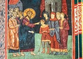 Jezus uzdrawia niewidomego młodzieńca. Polichromia z katedry  Narodzenia NMP w Sandomierzu