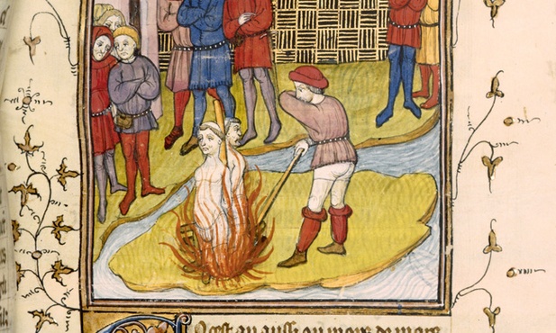 XIV-wieczna miniatura przedstawiająca spalenie Jakuba de Molay i Galfryda z Cherney