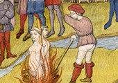 XIV-wieczna miniatura przedstawiająca spalenie Jakuba de Molay i Galfryda z Cherney