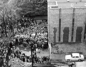  Tłumy wiernych przed rozbudowanym kościołem Przemienienia w dniu poświęcenia 3 września 1978 r.  Fragment ciemniejszego muru to pozostałości po kościele z 1874 r.