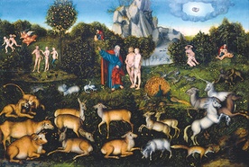 Lucas Cranach starszy „Rajski ogród”,  olej na desce, 1530, Gemäldegalerie Alte Meister, Drezno