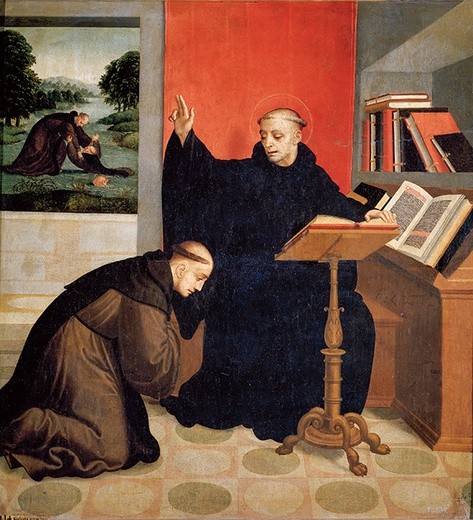 Juan Correa de Vivar „Św. Benedykt błogosławiący św. Maura” olej na desce, 1540–1545 Muzeum Prado, Madryt