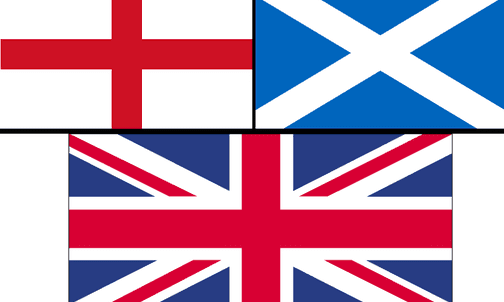 Flaga Anglii (L), Szkocji (P) i połączona flaga Wielkiej Brytanii (na dole) Święty Andrzej Apostoł
