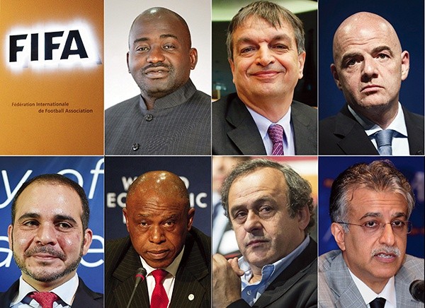 Kandydaci na nowego szefa FIFA (od lewej z góry) Musa Hassan, Jérôme Champagne, Gianni Infantino, Ali ibn Husajn,  Tokyo Sexwale, Michel Platini, Salman al-Khalifa