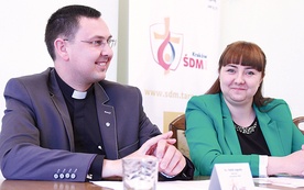 ▲	O stanie przygotowań do ŚDM w diecezji organizatorzy poinformowali na konferencji prasowej. Na zdjęciu: Marta Wideł i ks. Rafał Jagoda.