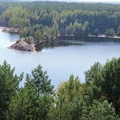 Widok z 24-metrowej wieży obserwacyjnej na największy zbiornik pojezierza antropogenicznego o nazwie „Afryka”. Jezioro powstało w dawnym wyrobisku węgla brunatnego.