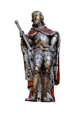 Rzeźba księcia Jaksy Gryfity z kościoła sióstr norbertanek z Krakowa, a w tle makieta współczesnego wyglądu bazyliki w Miechowie ufundowanej przez księcia 