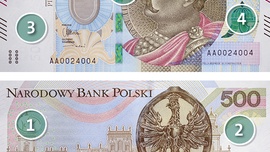 1 Efekt recto verso
Elementy graficzne znajdujące się na obu stronach banknotu oglądane pod światło uzupełniają się i tworzą pełny obraz korony w owalu.

2 Farba opalizująca
Opalizujący ornament koloru złotego w zależności od kąta patrzenia jest widoczny lub prawie niedostrzegalny.

3 Znak wodny
Podczas oglądania banknotu pod światło widać znak wodny, który przedstawia wizerunek króla Jana III Sobieskiego oraz cyfrowe oznaczenie nominału „500”. Pole znaku wodnego nie jest zadrukowane.

4 Farba zmienna opty…