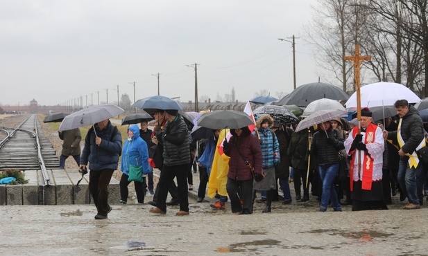 Ruszyli drogą wzdłuż obozowej rampy, potem wśród barakówi ruin krematoriów...