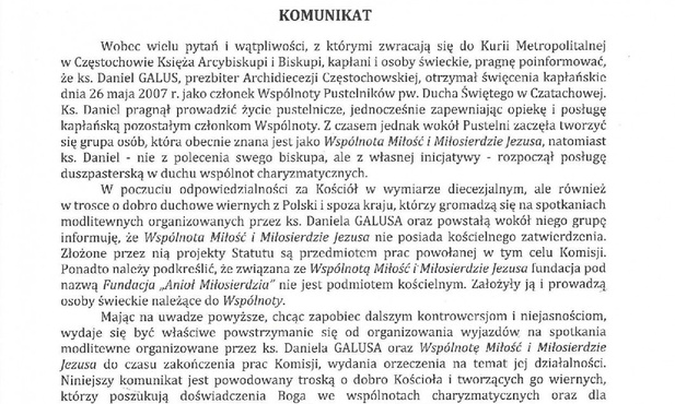 Komunikat abp. Depo ws. Wspólnoty Miłość i Miłosierdzie Jezusa z Czatachowej