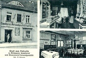 Polkowice, rok 1917, kamienica nr 34.  Napis na froncie głosi: „Specjalność – kószka polkowicka”.