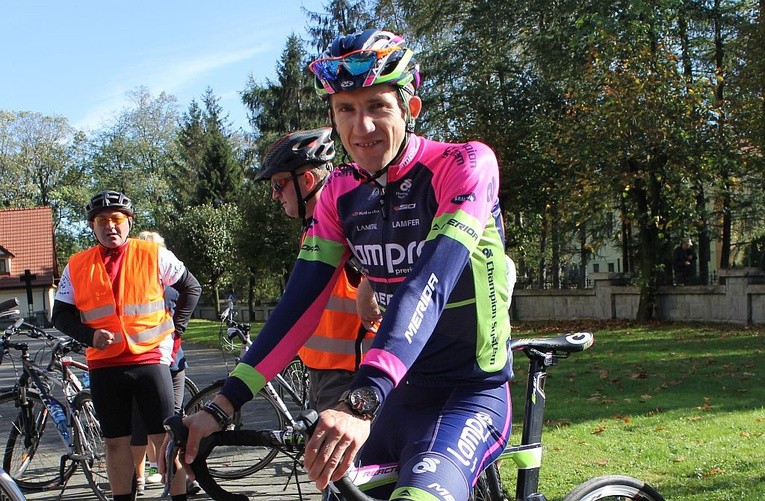 Przemysław Niemiec w Pisarzowicach w roku 2014 w stroju grupy Lampre Merida - dziś UAE Team Emirates