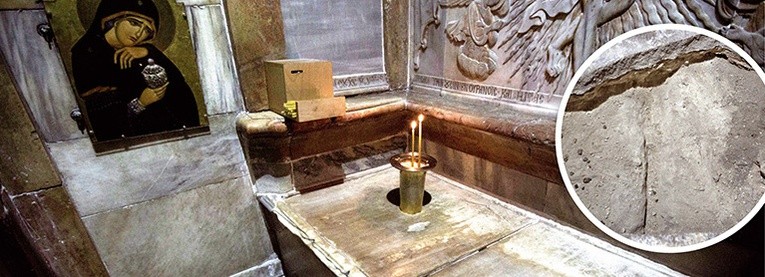Wnętrze kaplicy Bożego Grobu w czasie renowacji. Obok fragment skały otaczającej miejsce pochówku Jezusa.