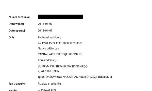 Wiceminister Stawiarski przekazał darowiznę na lubelską Caritas w kwocie 45.346, 67 PLN