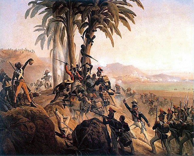 Obraz Januarego Suchodolskiego z 1845 r., pokazujący bitwę o San Domingo. Podczas walk na Haiti 4/5 Polaków umarło na żółtą febrę, a pozostali albo zginęli w starciach z niewolnikami, albo przeszli na ich stronę. Do Polski wróciło bardzo niewielu