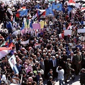 Syryjczycy protestują przeciwko uznaniu przez USA zwierzchności Izraela nad Wzgórzami Golan.