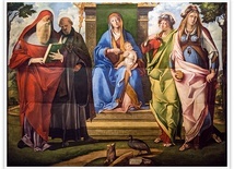 Benedetto Rusconi zwany Benedetto Diana "Maryja z Dzieciątkiem i świętymi", olej i tempera na desce 1500–1510, Galeria dell’Accademia, Wenecja