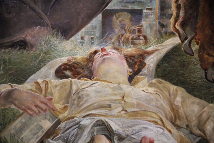 Obraz „Śmierć Ellenai” powstał pod wpływem poematu „Anhelli” Juliusza Słowackiego.