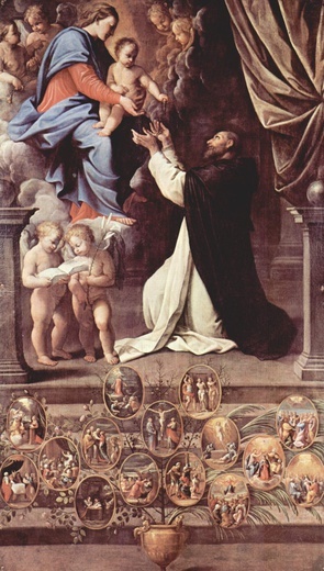 Guido Reni „Madonna z Dzieciątkiem,  św. Dominik i tajemnice Różańca” . Olej na płótnie, ok. 1598 bazylika San Luca, Bolonia 