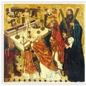 Diego de la Cruz "Msza św. Grzegorza Wielkiego", olej i płatki złota na desce, ok. 1475 r. Narodowe Muzeum Sztuki Katalońskiej, Barcelona