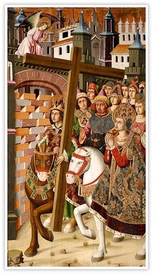 Miguel Ximénez "Wjazd cesarza Herakliusza i św. Heleny z prawdziwym krzyżem do Jerozolimy", olej na desce 1481–1487, Museo de Zaragoza Saragossa