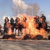 ▼	Jednym z elementów treningu jest oswajanie koni z płonącym ogniem.