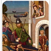 Martín Bernat "Przeniesienie ciała św. Jakuba przed pałac królowej Lupy", olej i tempera na desce 1480–1490, Muzeum Prado, Madryt