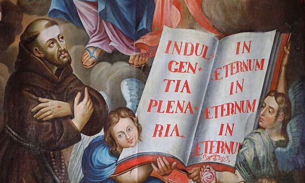 Fragment fresku przedstawiającego św. Franciszka, który dostępuje łaski odpustu Porcjunkuli.