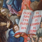 Fragment fresku przedstawiającego św. Franciszka, który dostępuje łaski odpustu Porcjunkuli.