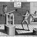 Obsługiwana przez dwóch mężczyzn prasa do wybijania monet. Londyn 1750 r.