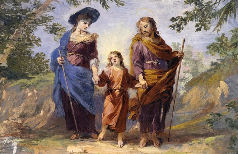 Powrót Świętej Rodziny z Egiptu; Maryja, zgodnie z barokową modą, nosi kapelusz.