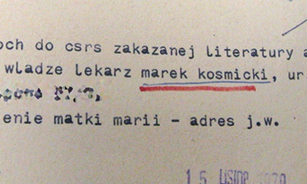 Szyfrogram przysłany do Warszawy  przez Konsulat Generalny PRL w Ostrawie. Konsul informuje w nim polskie władze o aresztowaniu Marka Kośmickiego w Czechosłowacji.