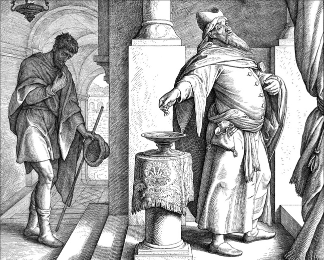 Faryzeusz i celnik w świątyni, rycina z Biblii w obrazach Juliusa Schnorra von Carolsfeld, 1860 r.