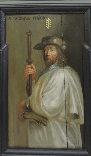 Fragment ławy po renowacji - wizerunek św. Jakuba Starszego