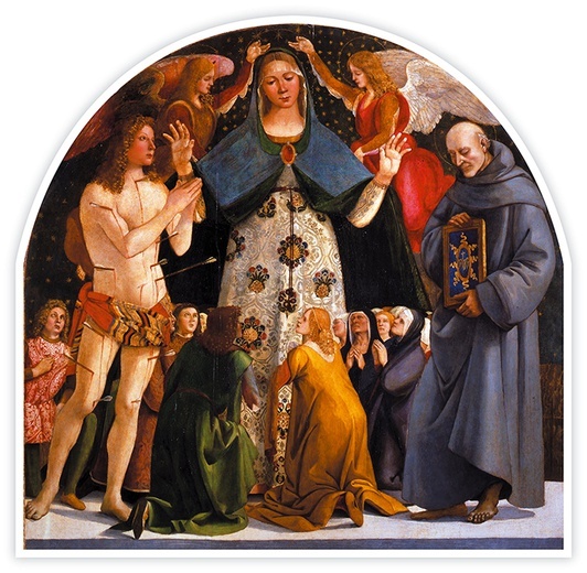 Luca SignorelliMatka Boża opiekuńcza ze św. Sebastianem i św. Bernardynem ze Sieny tempera na desce, ok. 1490Muzeum Diecezjalne Sztuki  Sakralnej, Pienza (Włochy)