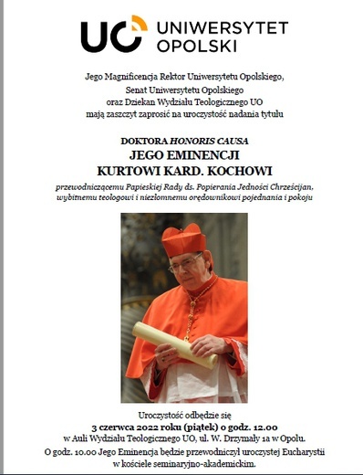 Kard. Kurt Koch otrzyma tytuł doktora honoris causa Uniwersytetu Opolskiego 