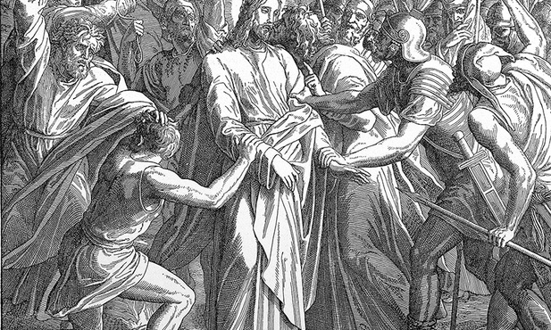 Rycina z Biblii wydanej w 1909 r. Ilustracja do fragmentu Ewangelii wg św. Mateusza opisującego pojmanie Jezusa.