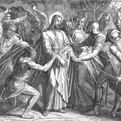 Rycina z Biblii wydanej w 1909 r. Ilustracja do fragmentu Ewangelii wg św. Mateusza opisującego pojmanie Jezusa.
