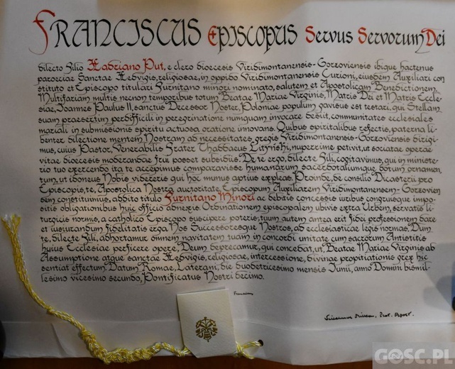 Papieski dokument o święceniach biskupich w Zielonej Górze