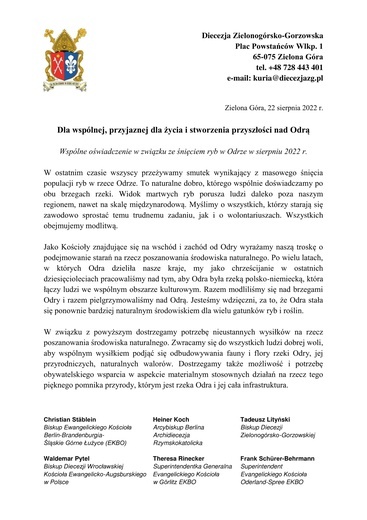 Polsko-niemieckie oświadczenie nadodrzańskich duszpasterzy w sprawie Odry