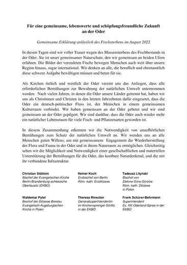 Polsko-niemieckie oświadczenie nadodrzańskich duszpasterzy w sprawie Odry