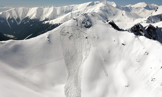 Lawinisko w rejonie Goryczkowej Czuby w Tatrach Zachodnich w 2009 roku. Widać wyraźnie miejsce oderwania się śniegu  i trasę sunięcia po zboczu