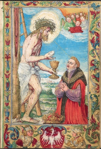Modlitewnik króla Zygmunta I  z 1524 roku. Miniatura Stanisława Samostrzelnika przedstawia monarchę przyjmującego Komunię św. z rąk umęczonego Chrystusa.