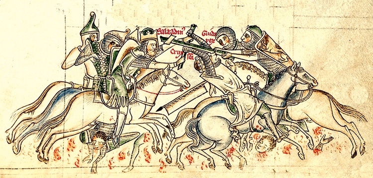 Sułtan Saladyn i król Gwidon z Lusignan w czasie bitwy.